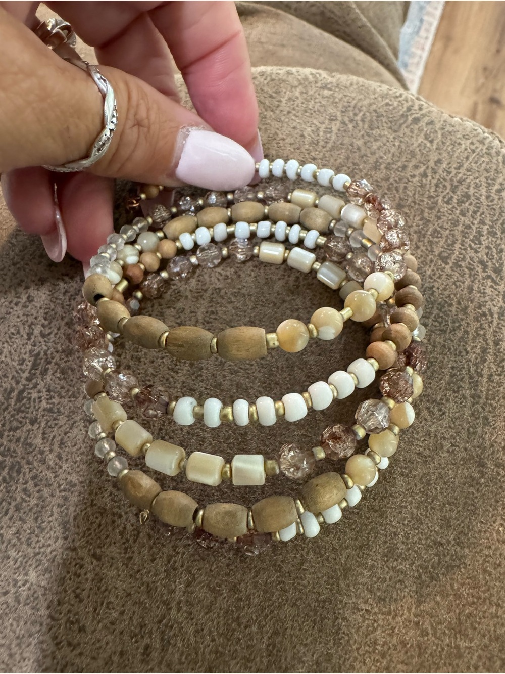 Neutral Beaded Coil Bracelet Stack - White & Tan